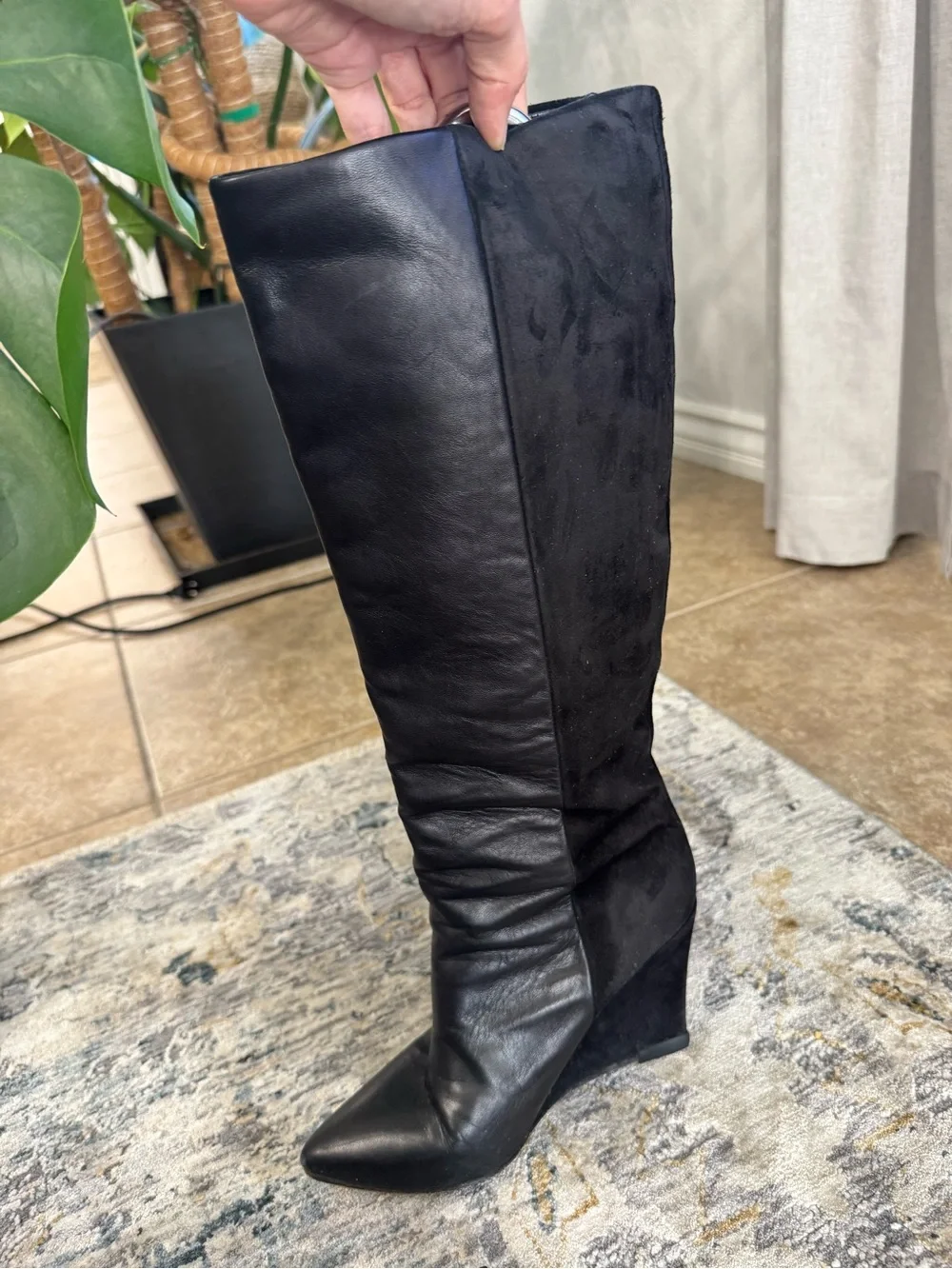 All Saints Black Leather and Suede Over-the-Knee Wedge Boots